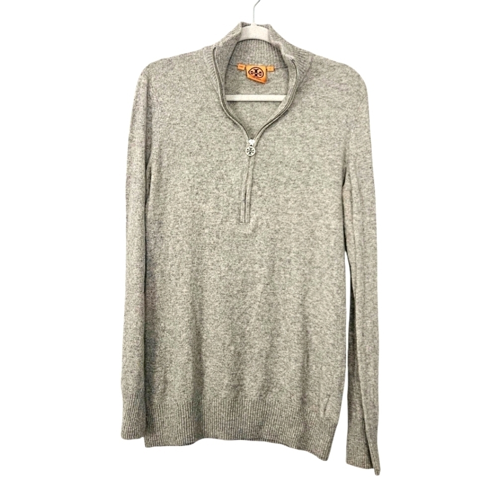Tory Burch Gray Metino Wool Blend Long Sleeve 1/3 Zip Sweater Size L